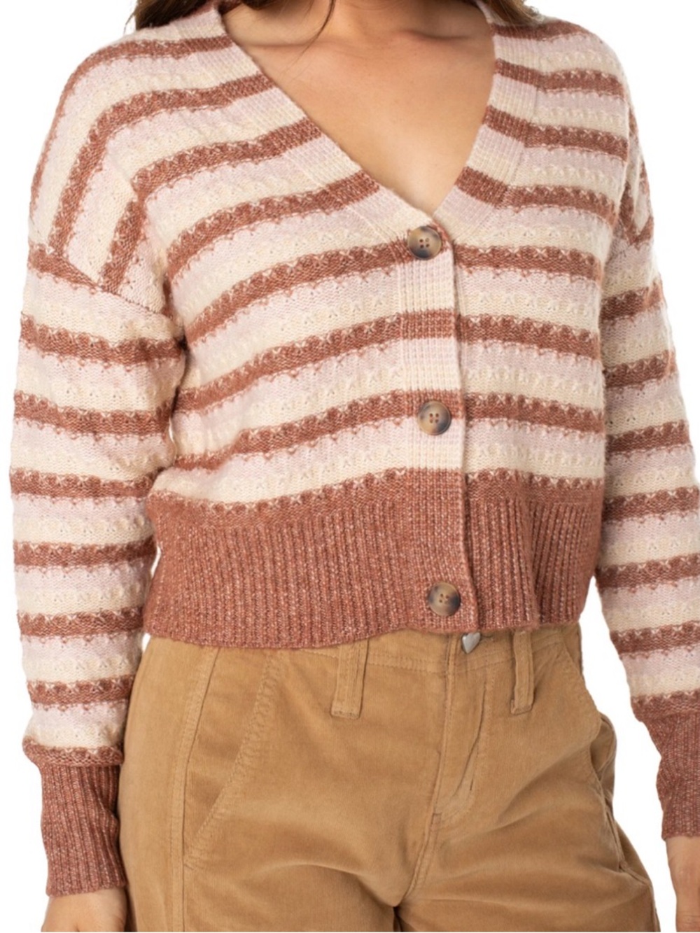 Celebrity Pink Striped Cropped Cardigan in Pink & Brown